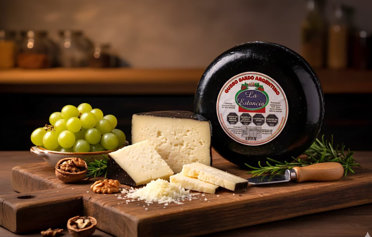 Rueda de queso con rodajas, uvas, nueces y un cuchillo sobre una tabla de madera.