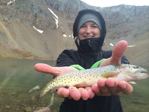A woman is holding a rainbow trout in her hands.