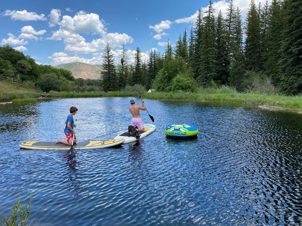 A man and two children are riding paddle boards in a lake.