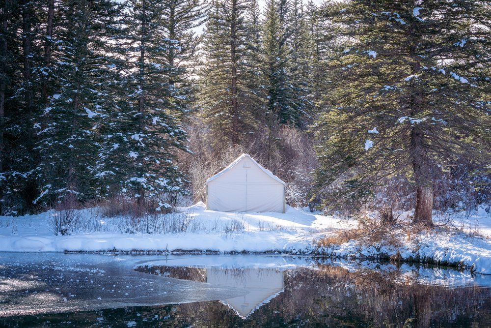A small white house is sitting next to a lake in the middle of a snowy forest.