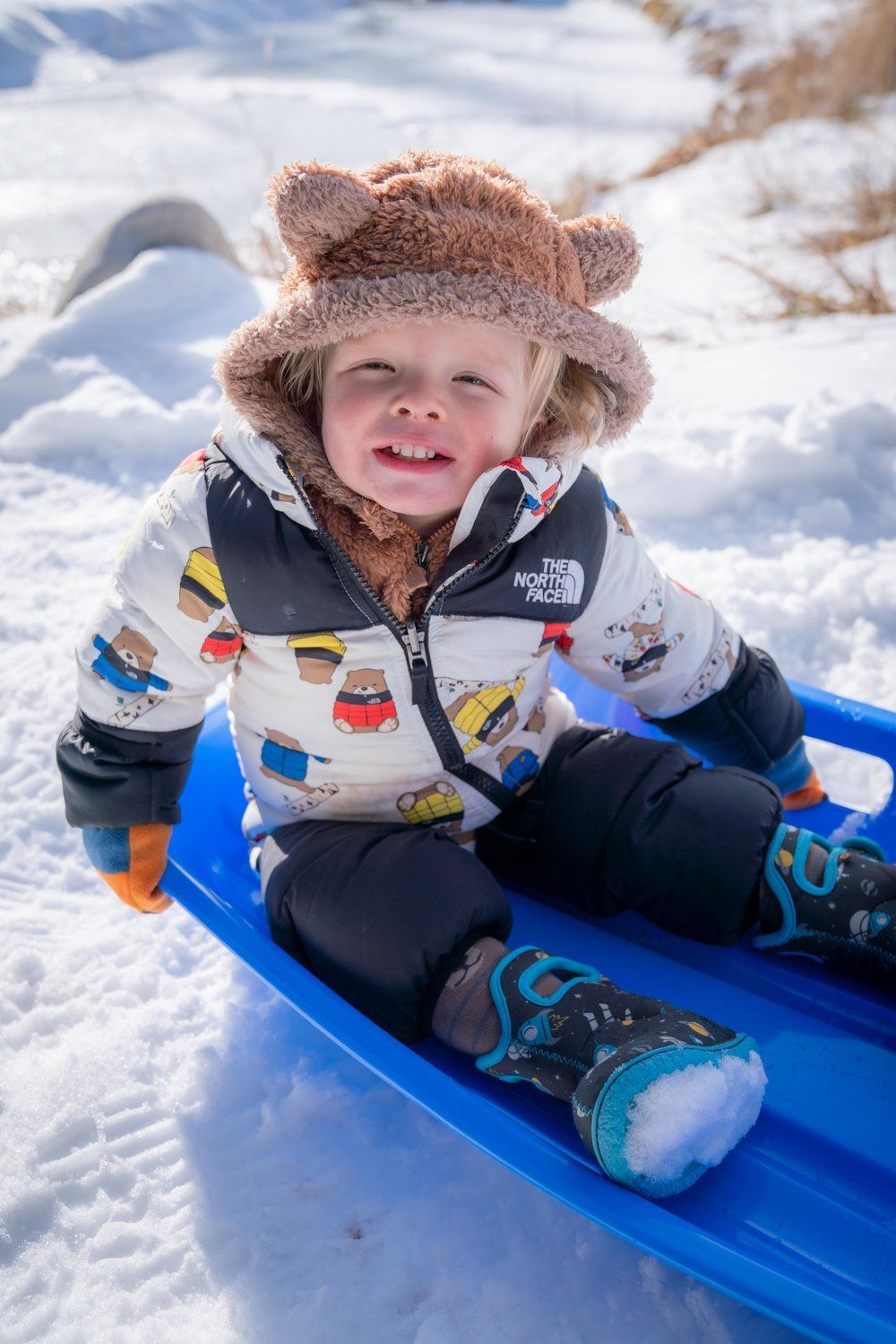 A little boy is sitting on a blue sled in the snow.