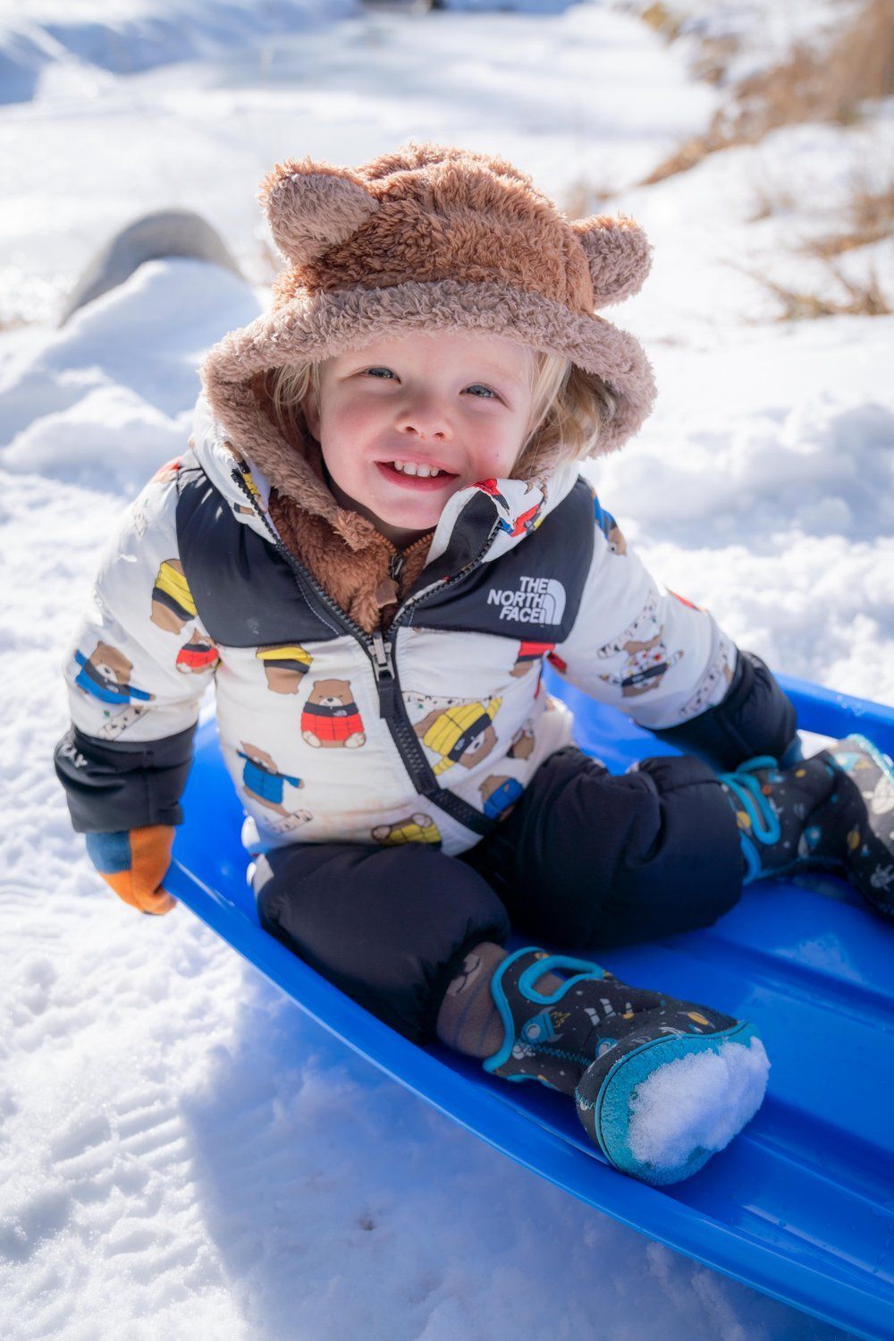 A little boy is sitting on a blue sled in the snow.