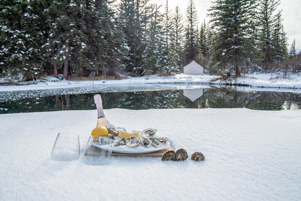 A plate of food and a bottle of wine are sitting in the snow next to a lake.