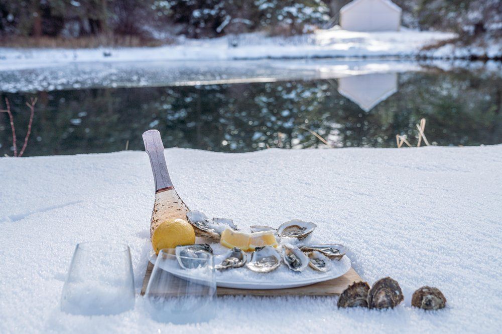 There is a plate of oysters and a bottle of champagne in the snow.