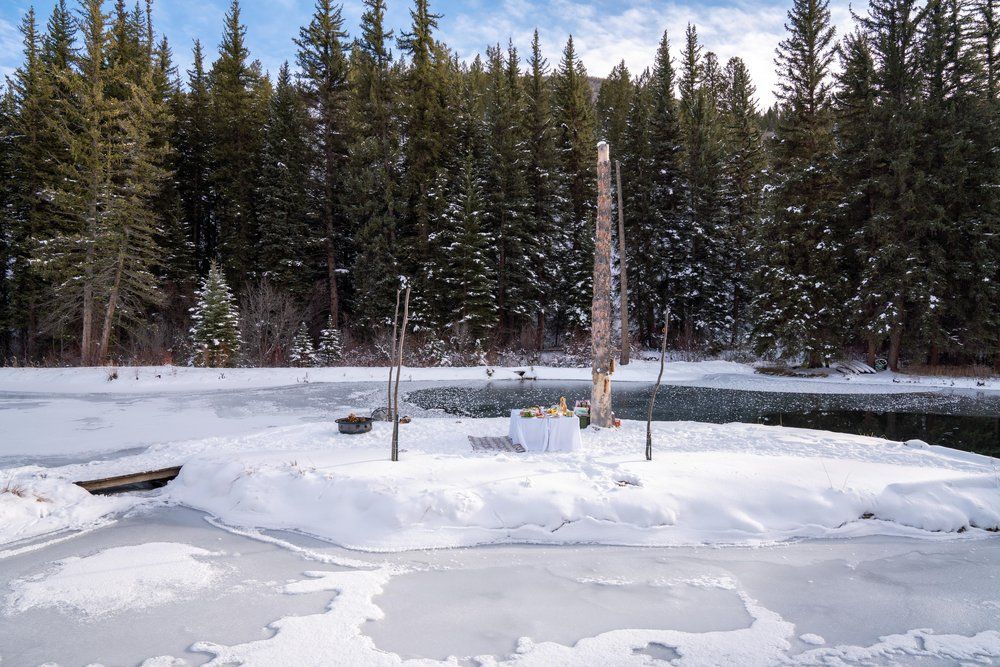 An aerial view of a frozen lake with trees in the background.