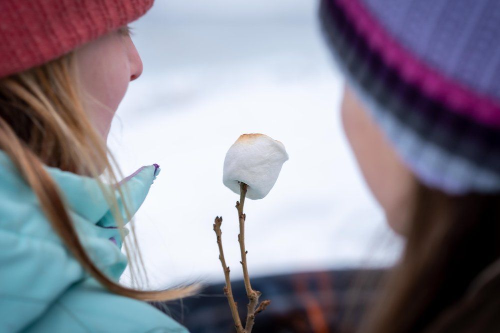 Two girls are roasting marshmallows over a fire in the snow.