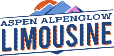 A logo for aspen alpenglow limousine with mountains in the background