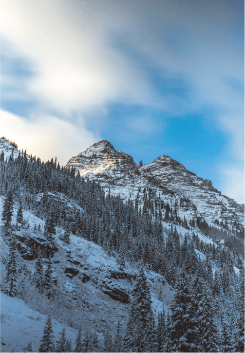 A snowy mountain with trees on the side and a blue sky in the background.
