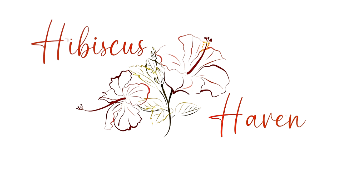 A logo for hibiscus haven with two hibiscus flowers on a white background.