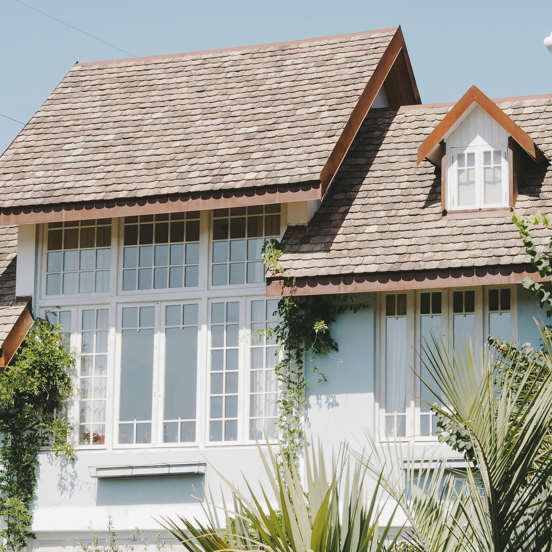 White house with steep shingled roof, large windows, and lush green plants in front.