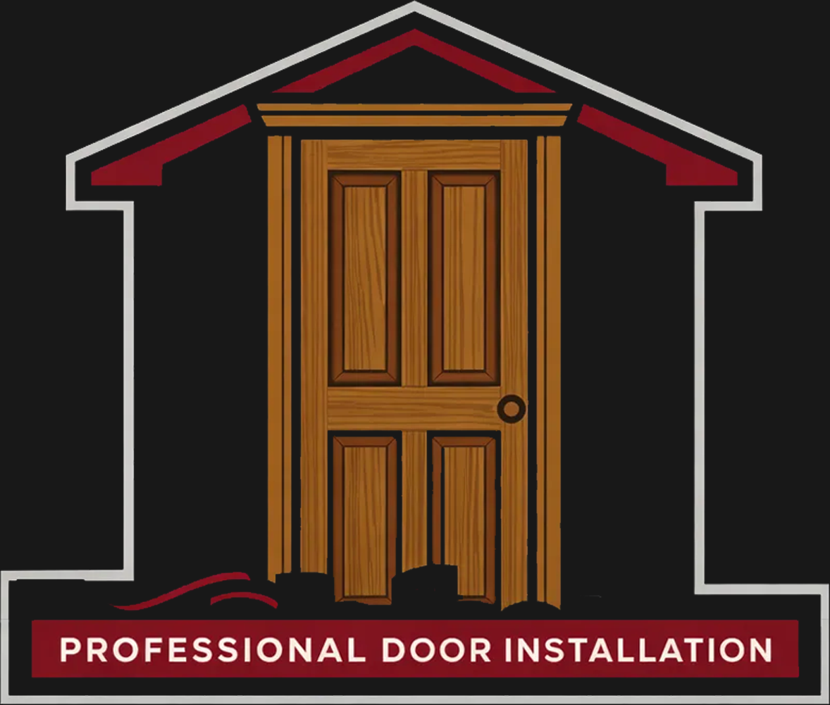 Logo for professional door installation featuring a brown wooden door inside a simple house outline on a black background.