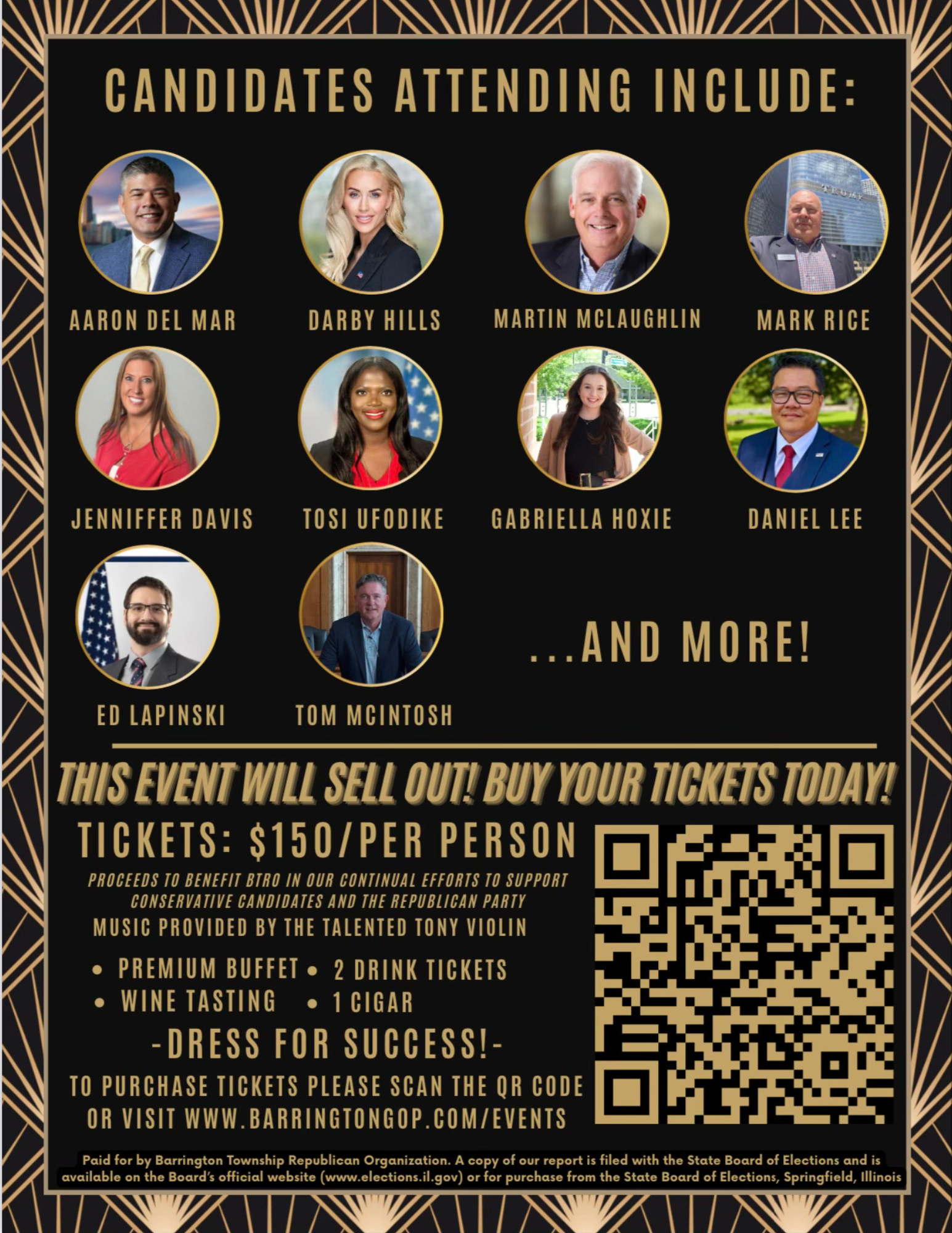 Poster for an event featuring political candidates with headshots. Text promotes ticket sales, dress code, and lists candidates' names.