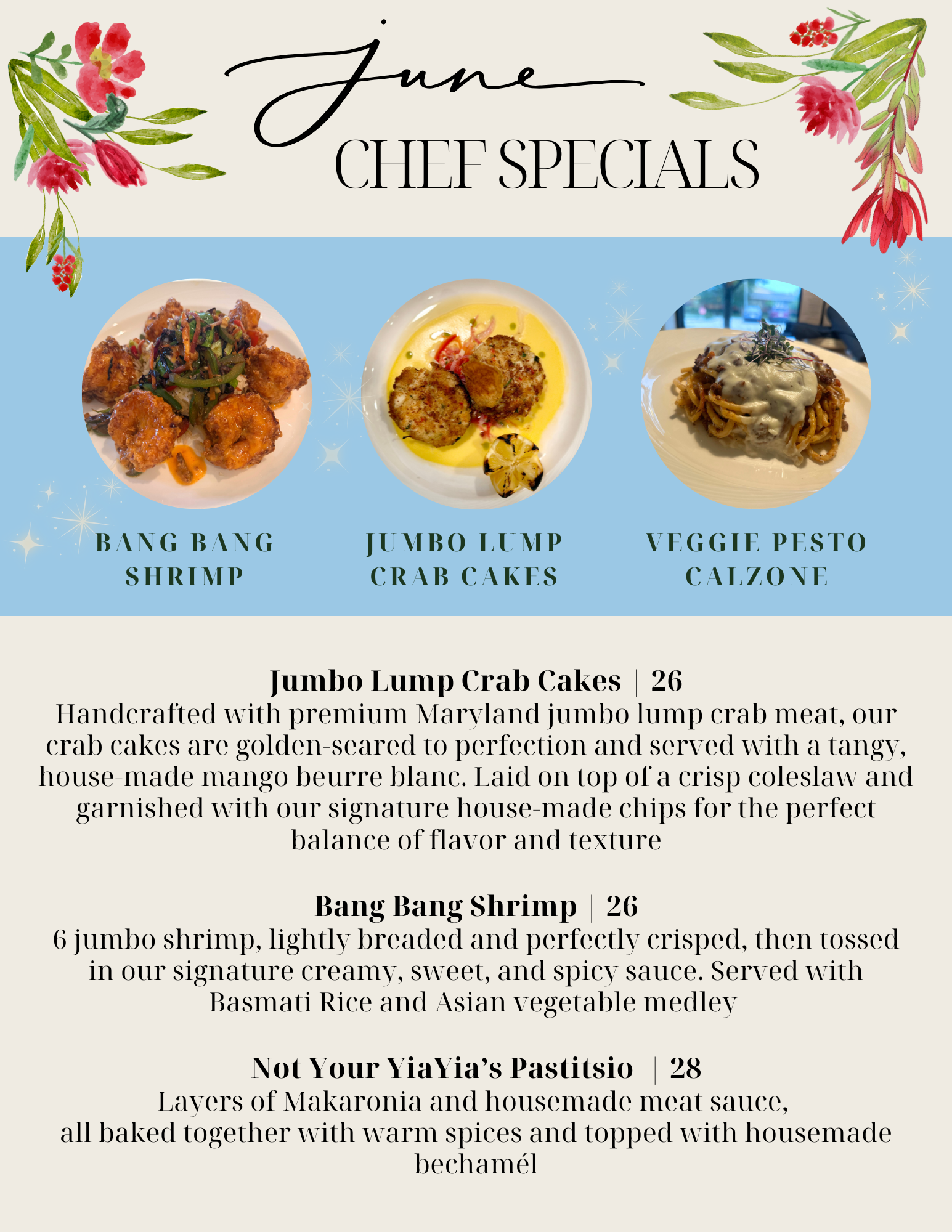 A menu for october specials at a restaurant.