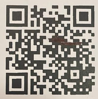 Codice QR in bianco e nero su sfondo chiaro con una piccola macchia rosso-marrone vicino al centro