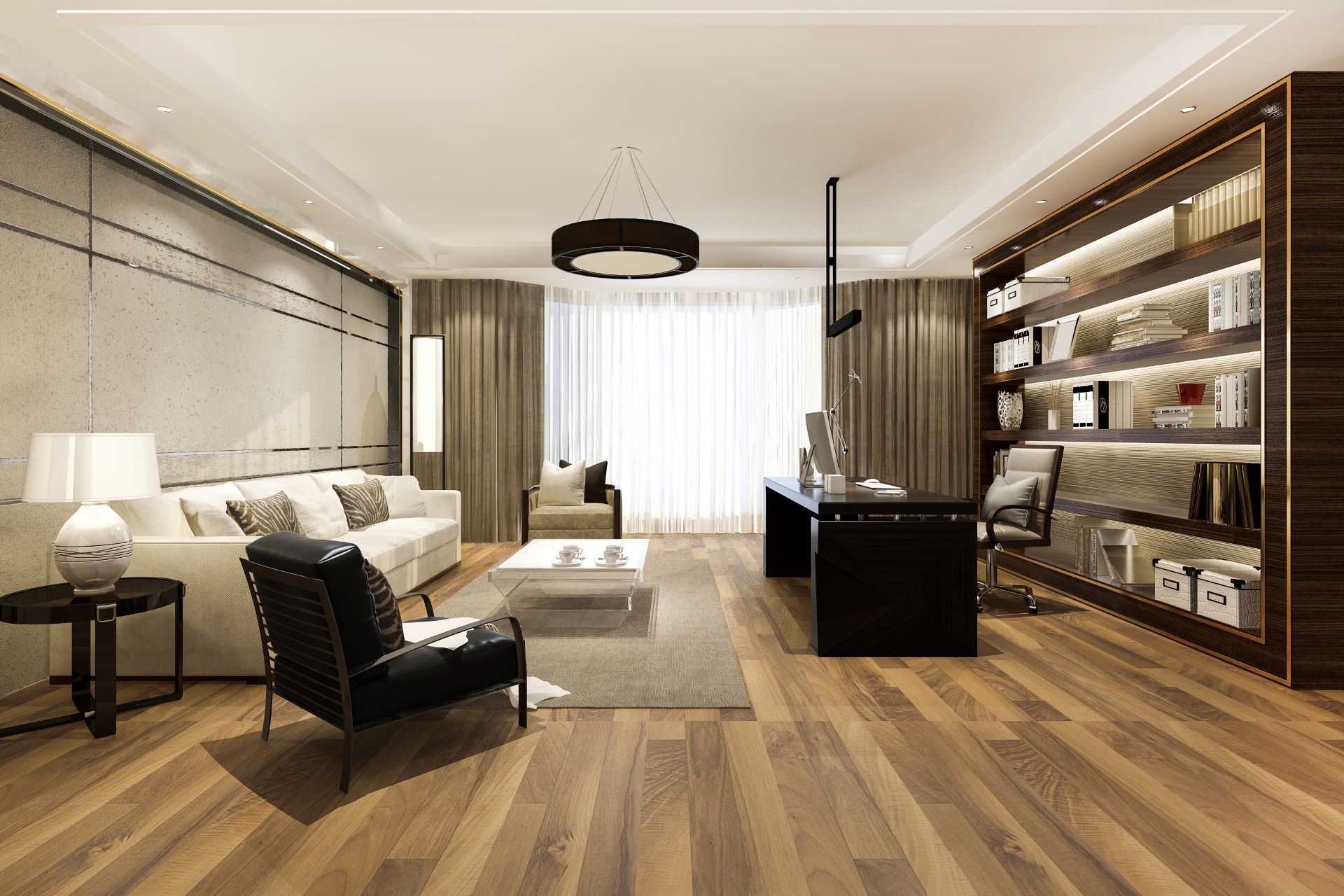 Modern office with sofa, armchair, desk, and bookshelf. Brown wood floor, neutral colors.