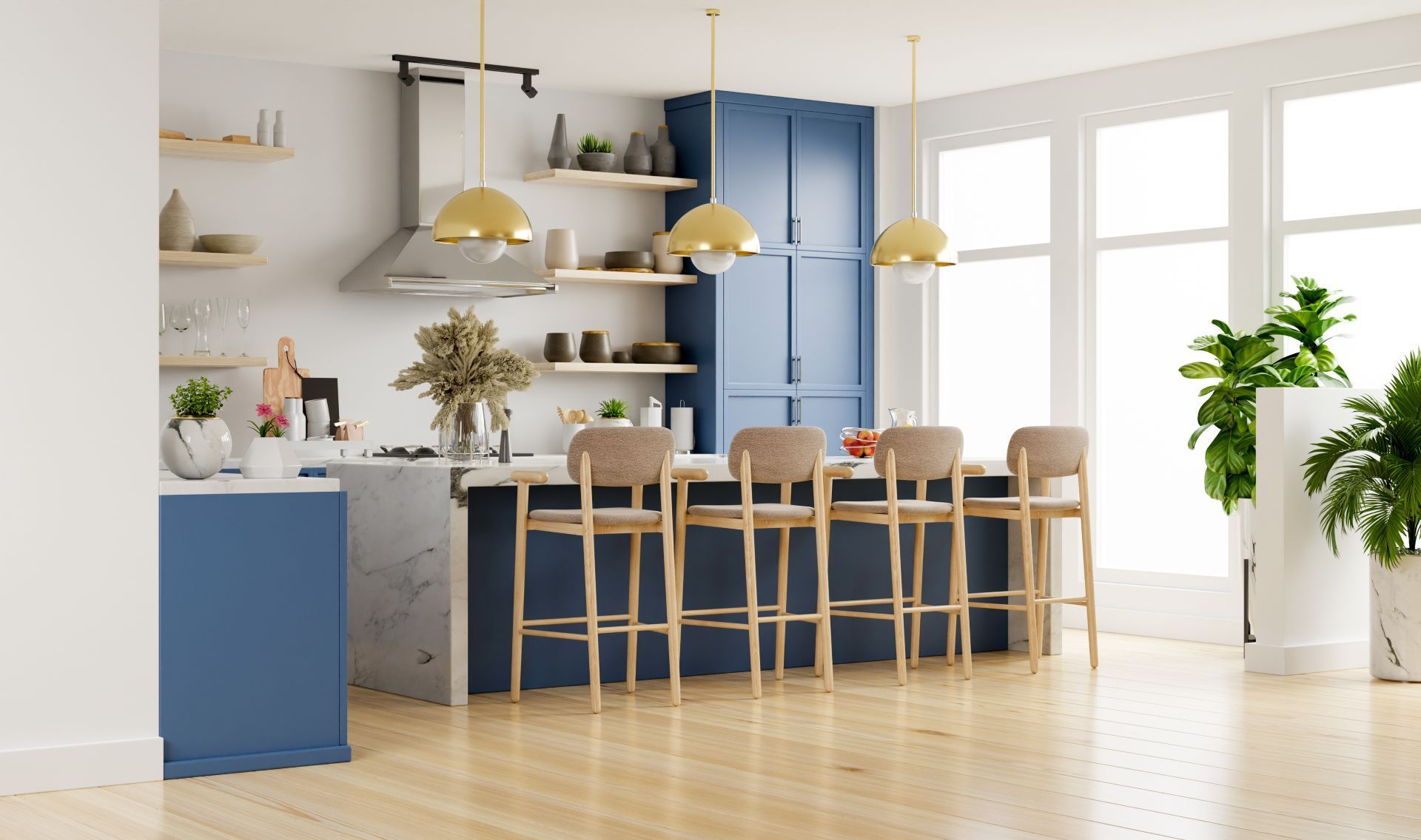 Modern kitchen with blue cabinetry, gold light fixtures, and wood accents.