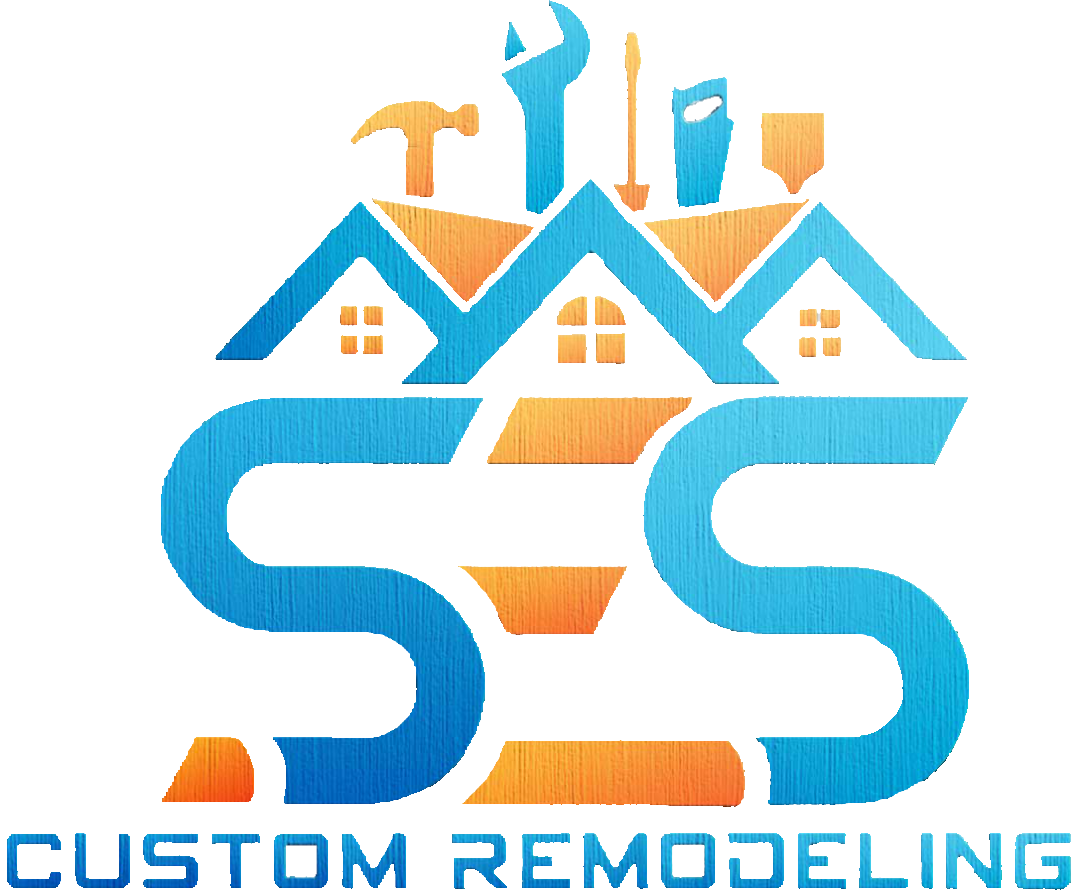 Logo for SES Custom Remodeling with blue/orange house graphic and tools atop, 