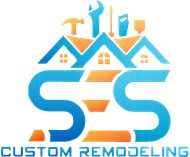 Logo for SES Custom Remodeling with blue/orange house graphic and tools atop, 