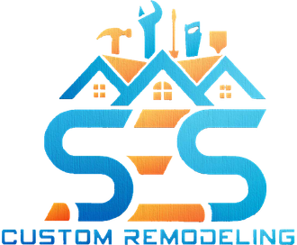 Logo for SES Custom Remodeling with blue/orange house graphic and tools atop, 