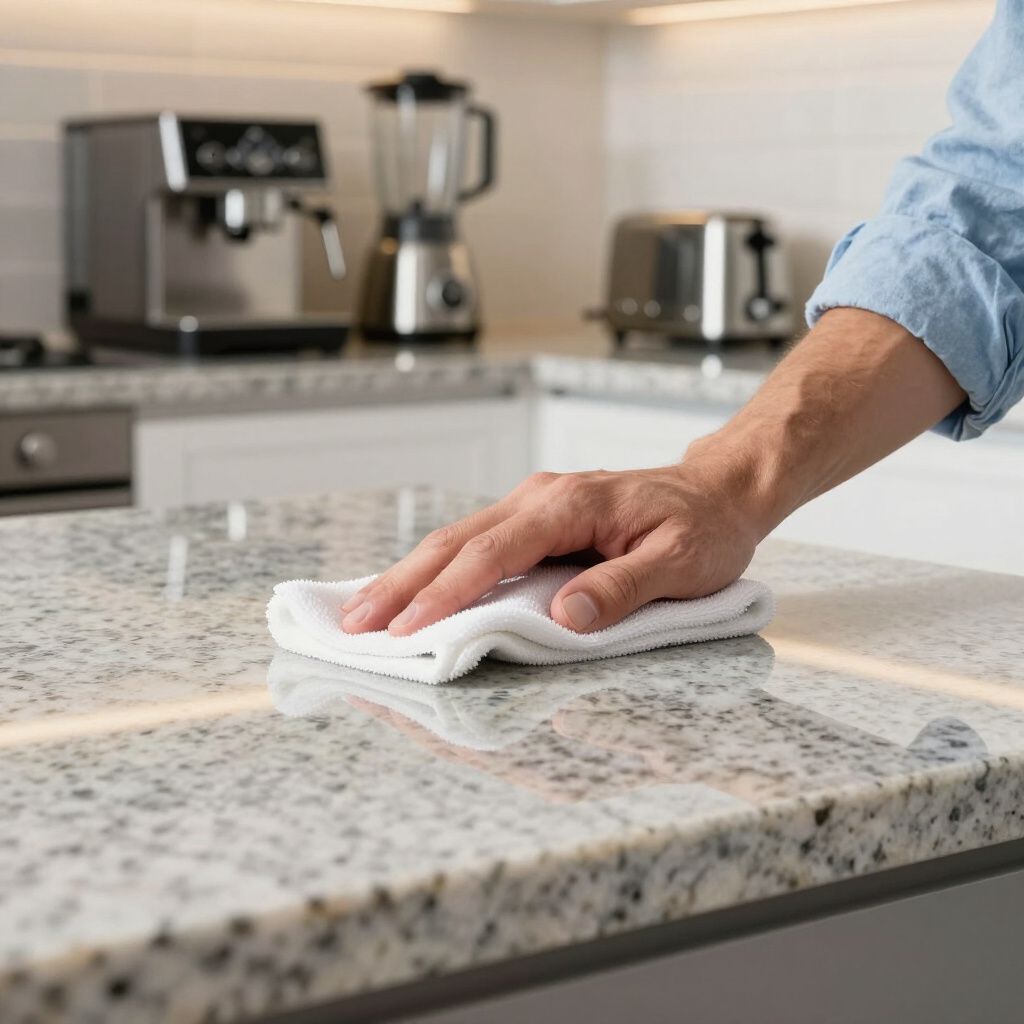 Person wiping a granite countertop in a kitchen with a white cloth. Appliances in background.
