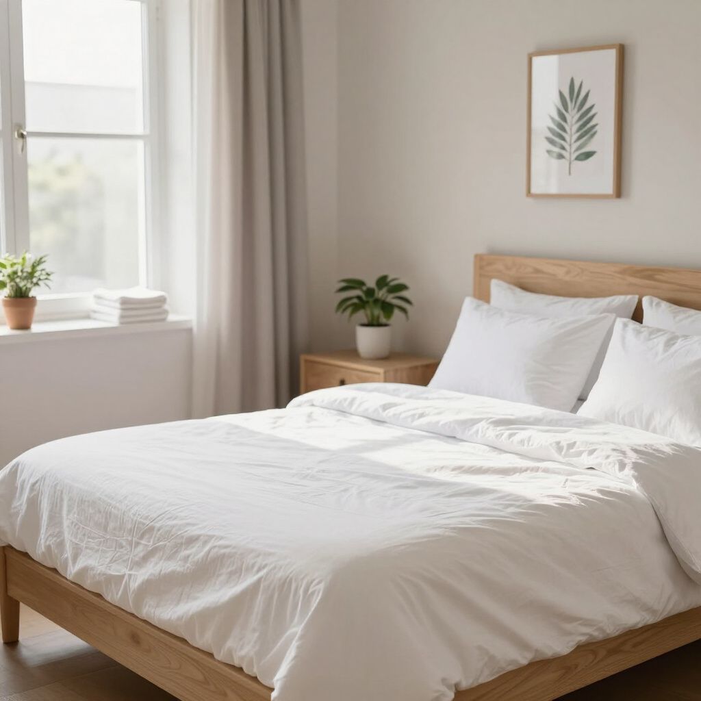 Bedroom with a wooden bed frame and white bedding, a window with curtains, and a plant on the bedside table.