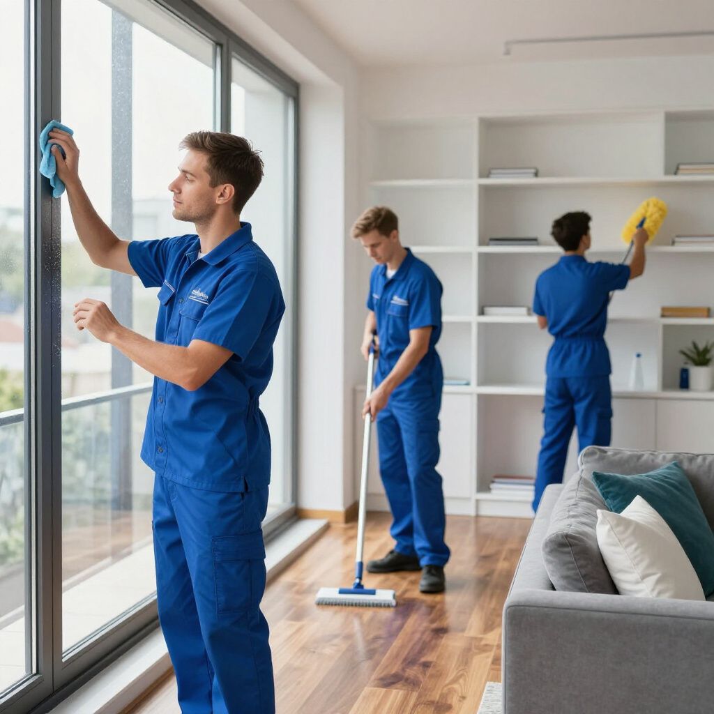 Three people in blue cleaning uniforms cleaning a room with large windows.