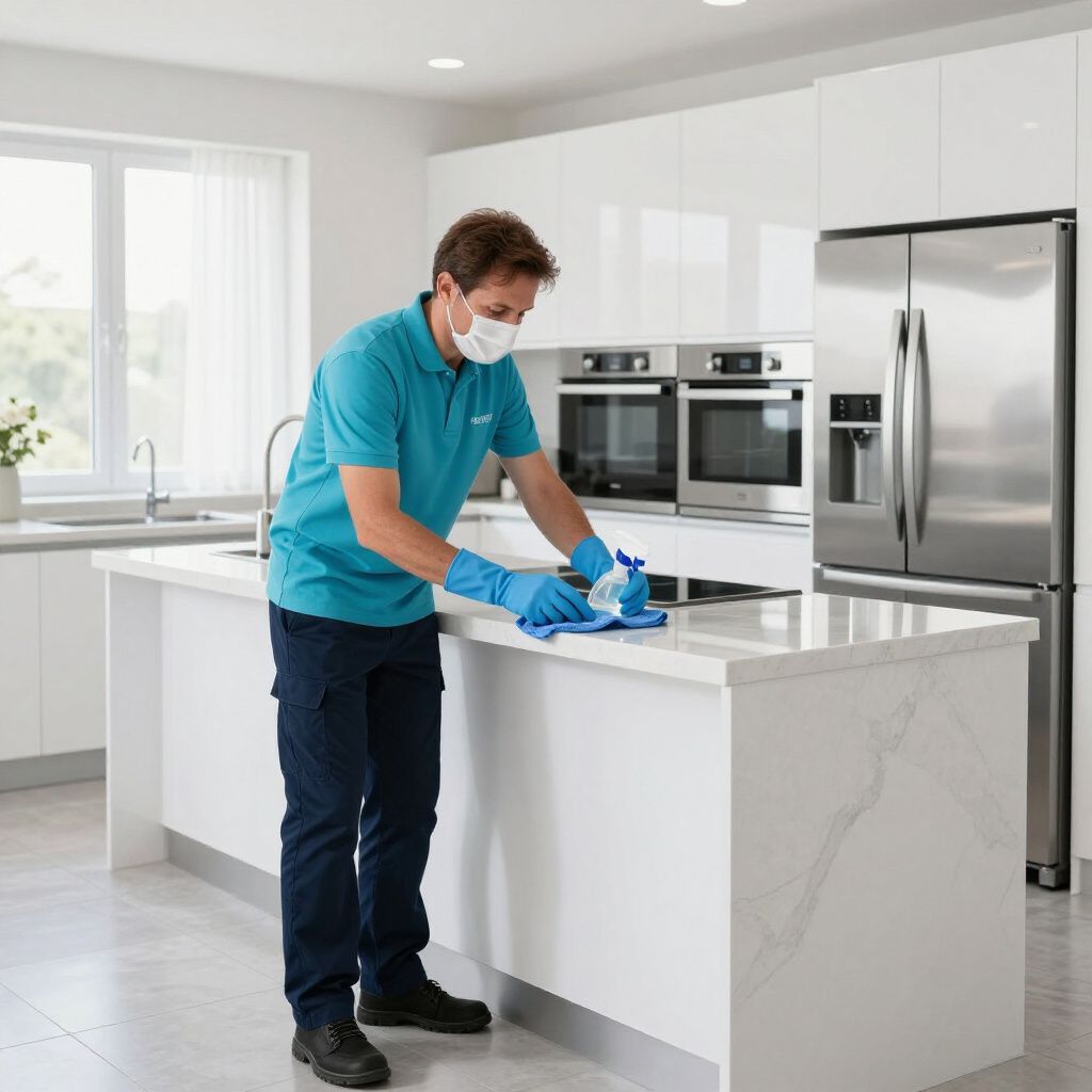 A person in blue cleaning a white kitchen countertop with a spray bottle and cloth, wearing gloves and a mask.