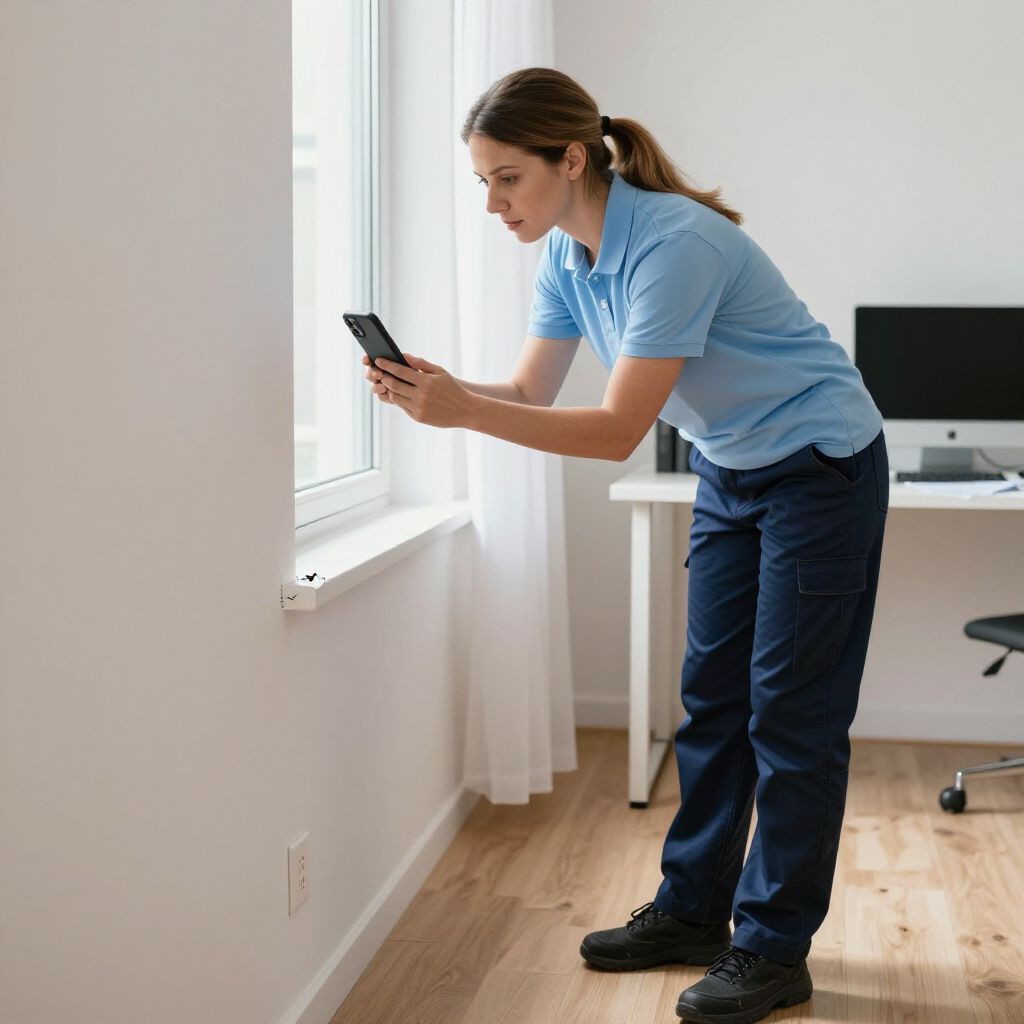 Woman in blue shirt and pants taking a photo of a window with a smartphone.