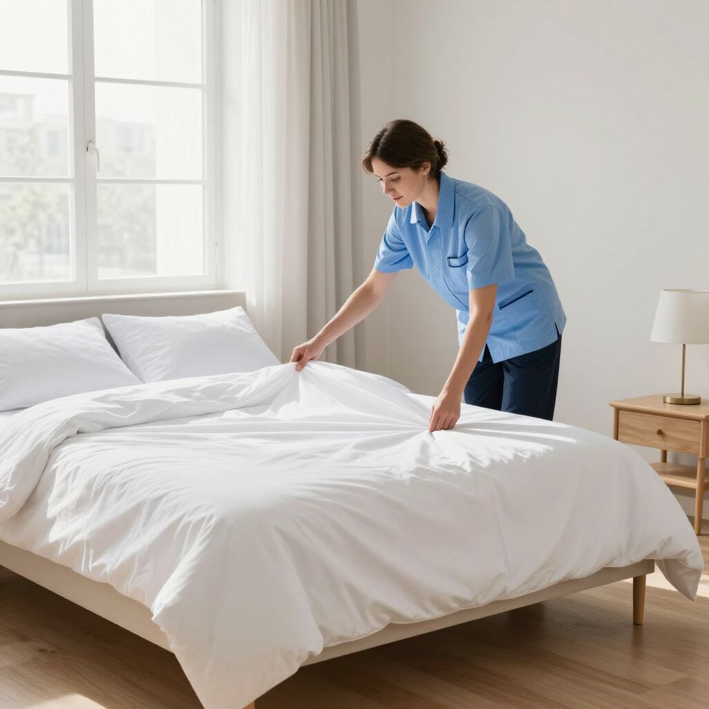 Woman in blue uniform making a bed with white bedding in a bright room.