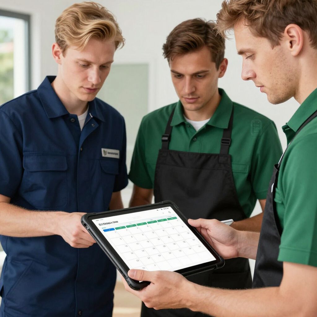 Three people looking at a tablet showing a calendar; two are wearing green aprons and shirts, and one is in blue workwear.