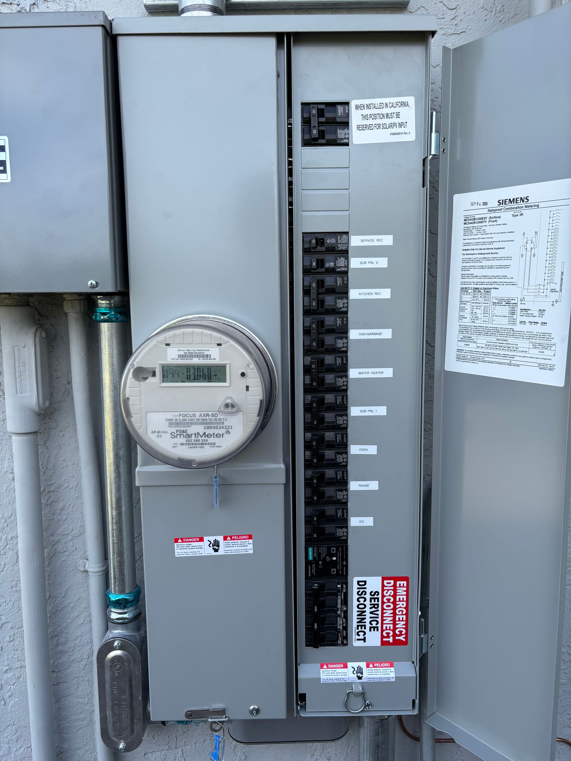 Electric meter and breaker box mounted on a wall. Gray metal, with switches and labels.