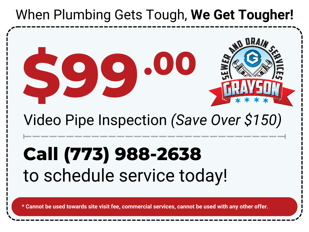 $99 video pipe inspection ad for Grayson Plumbing with phone number and “schedule service today” text