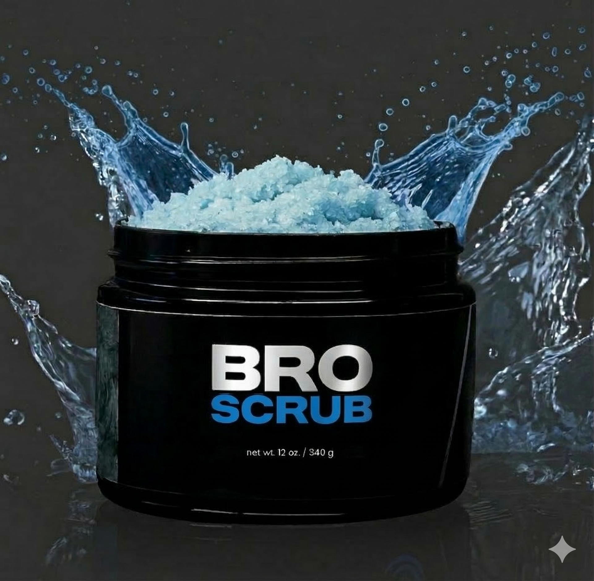 Black BRO SCRUB jar with blue text and white scrub, water splashing behind it.