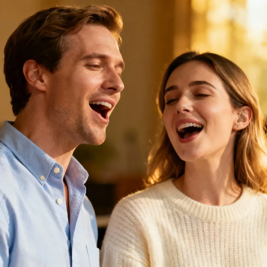 Ένας άνδρας και μια γυναίκα τραγουδούν χαρούμενα, σε φυσικό φωτισμό.