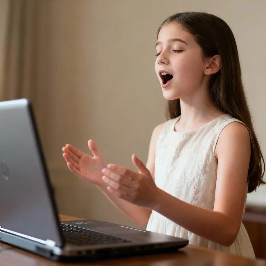 Ένα κορίτσι με λευκό φόρεμα τραγουδάει με ανοιχτό έναν φορητό υπολογιστή.