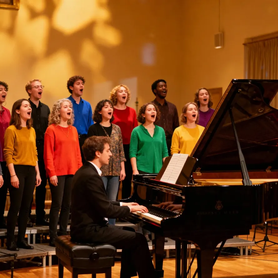 Μια χορωδία που τραγουδά με έναν πιανίστα σε ένα πιάνο με ουρά σε μια αίθουσα συναυλιών.