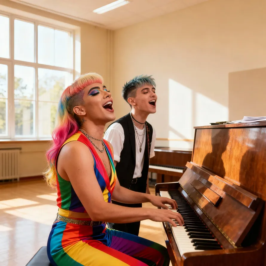 Δύο άτομα τραγουδούν και παίζουν πιάνο. Το ένα με πολύχρωμα και το άλλο με μπλε μαλλιά, σε μια ηλιόλουστη αίθουσα μουσικής.