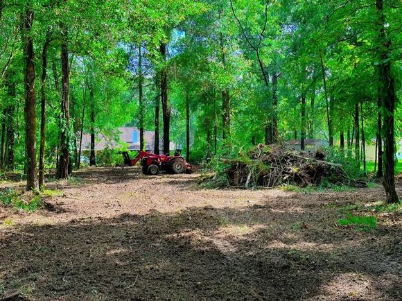 A cleared area in a forest with a red tractor and a pile of debris. Green trees surround the clearing.