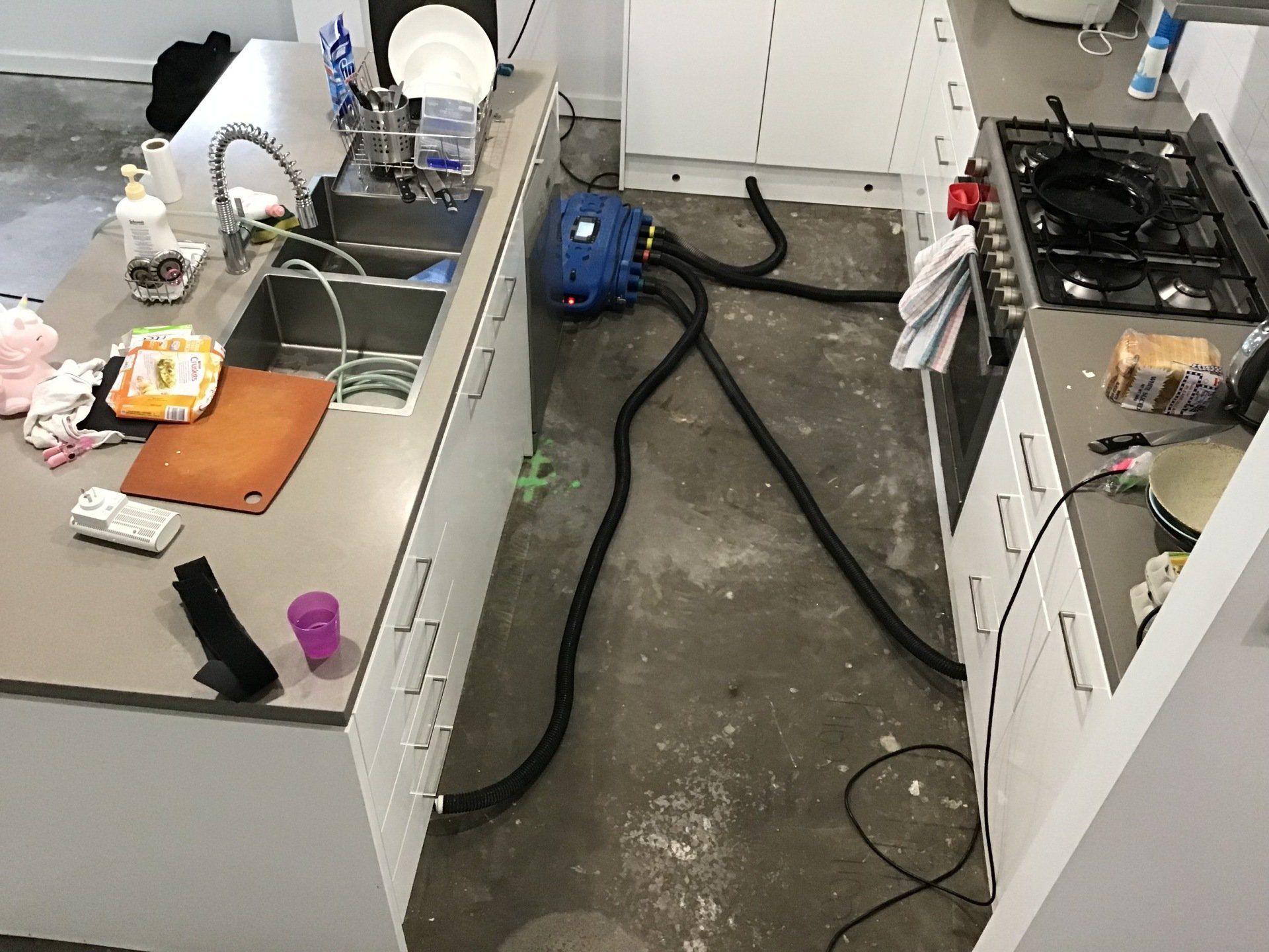 Suction machine drying out under cupboards of kitchen— Carpet Cleaners in Albion Park Rail, NSW