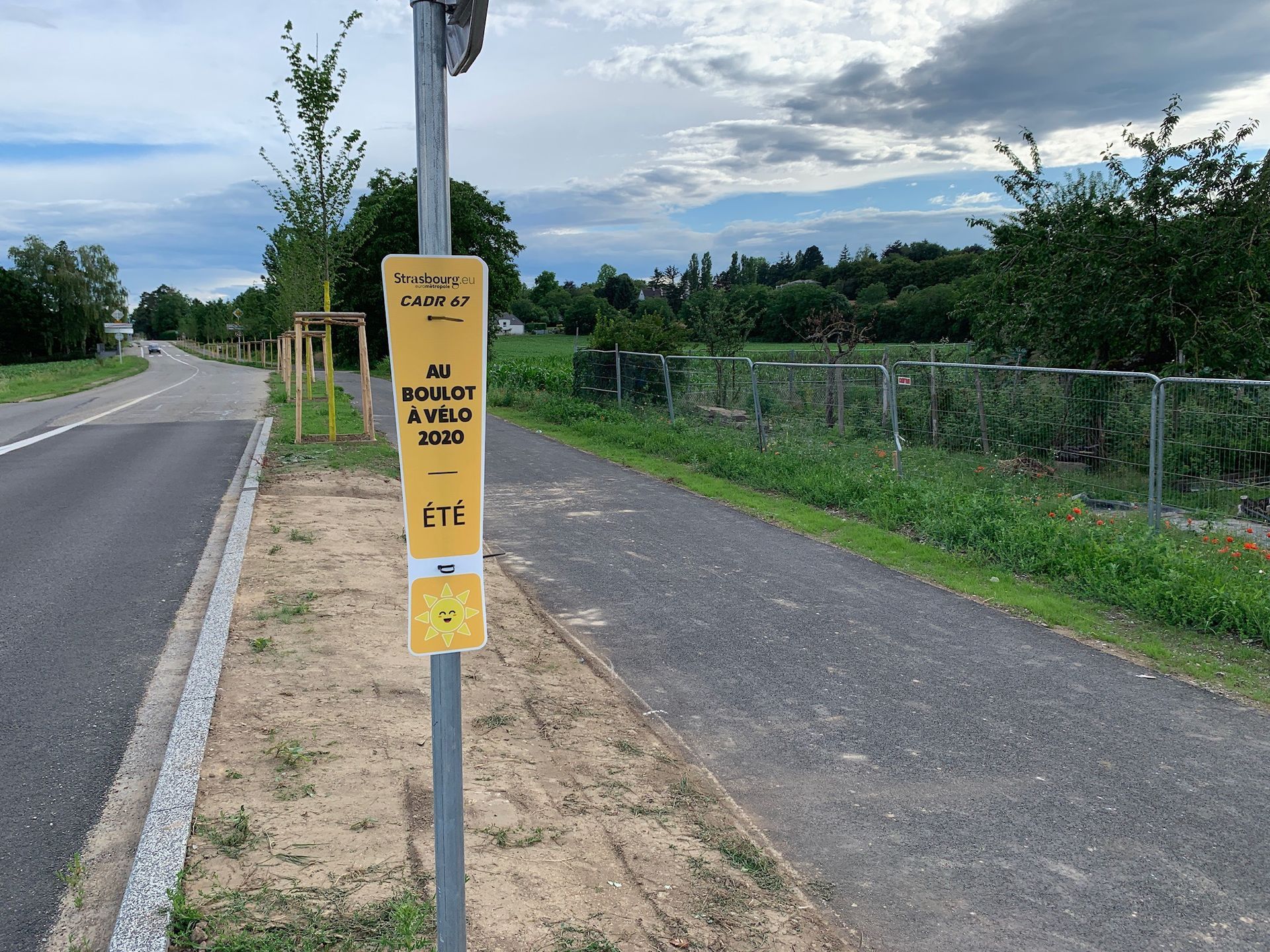 Un panneau jaune sur un poteau à côté d'une route