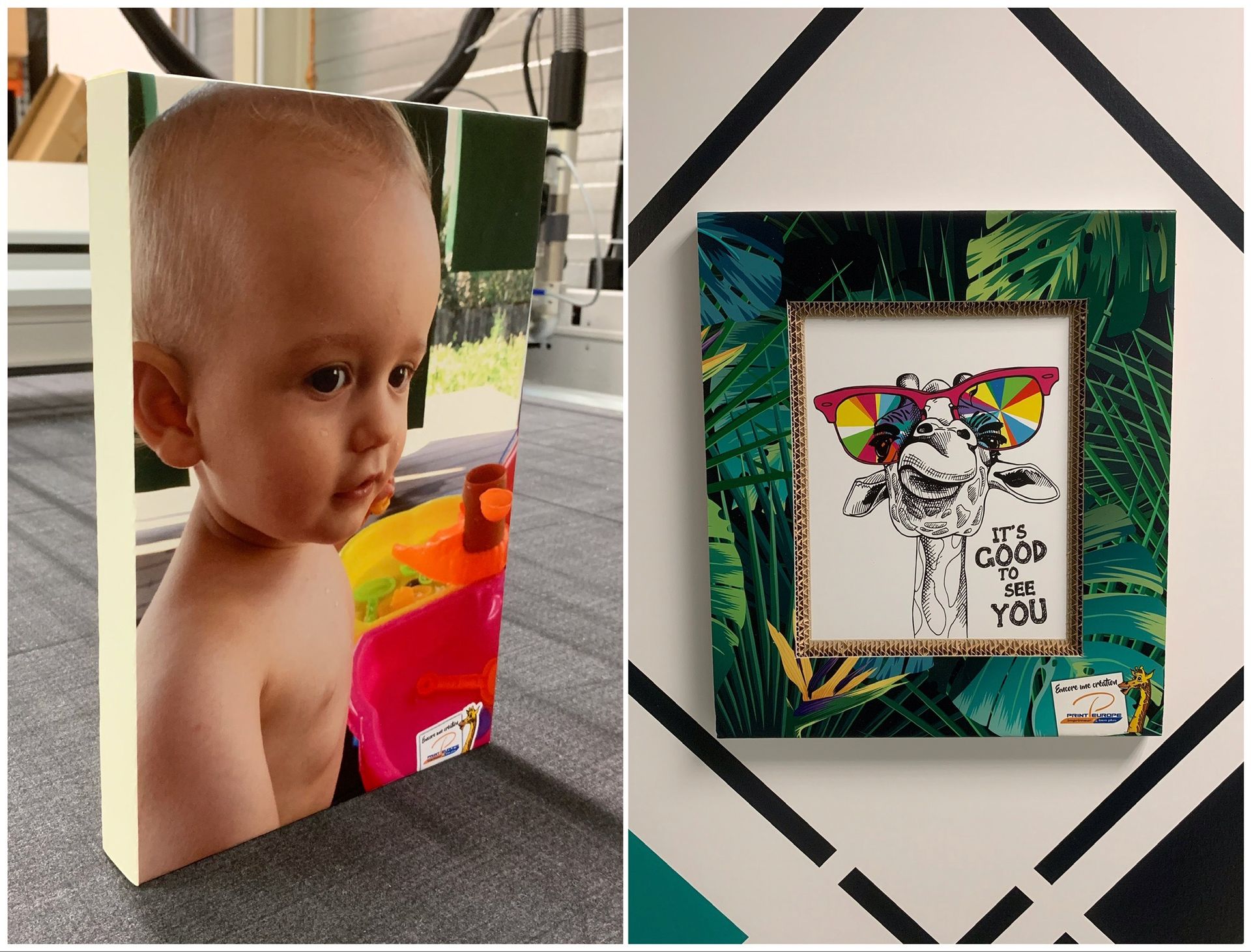 Un bébé est assis sur une toile à côté d'une image d'une girafe.