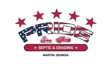 Logo for Pride Septic & Grading in Martin, Georgia, with the word "PRIDE" in red, white, and blue, stars above, and trucks.