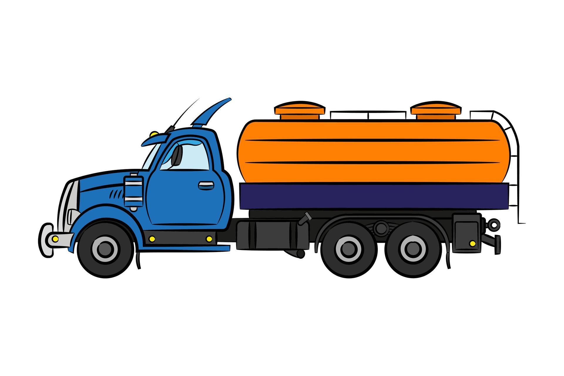 Un'autocisterna blu e arancione con il cofano alzato su uno sfondo bianco.