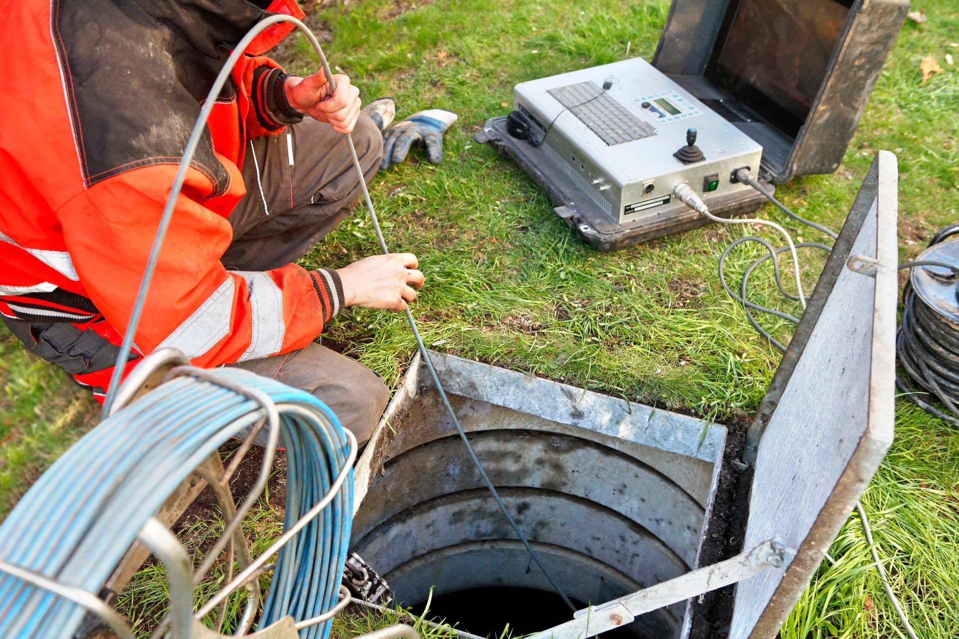 Un uomo sta usando una macchina fotografica per scattare una foto di un buco nel terreno.