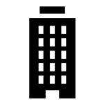 A black and white icon of a tall building with squares on it.