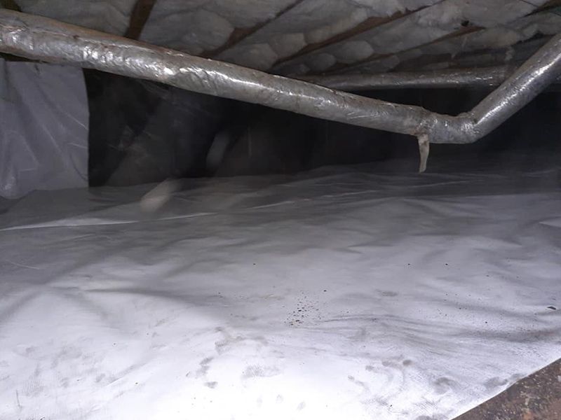 White vapor barrier in a crawlspace under a house with pipes and insulation.