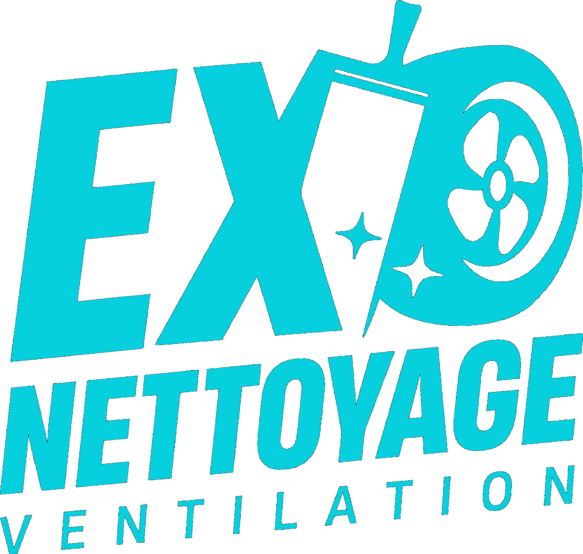 Logo turquoise : « EXO NETTOYAGE VENTILATION » avec illustration d'un outil de nettoyage et d'un ventilateur.