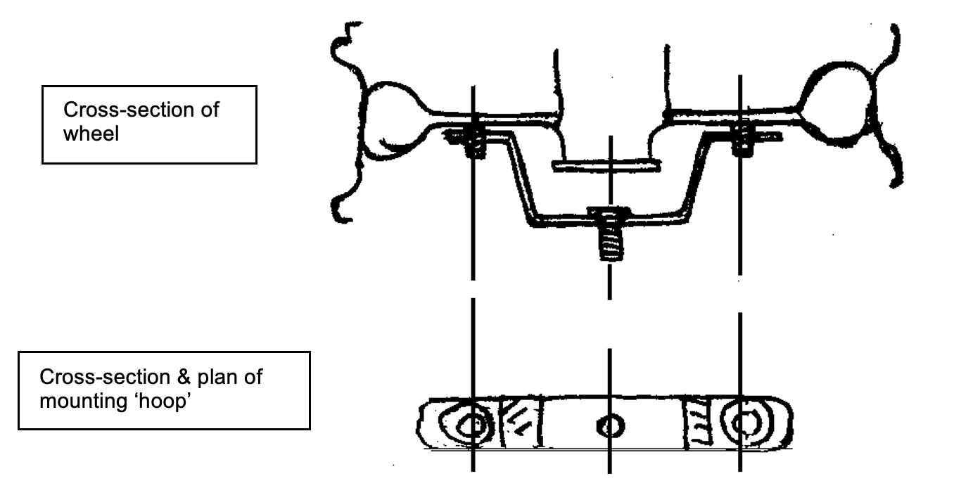 A black and white drawing of a cross section of a wheel