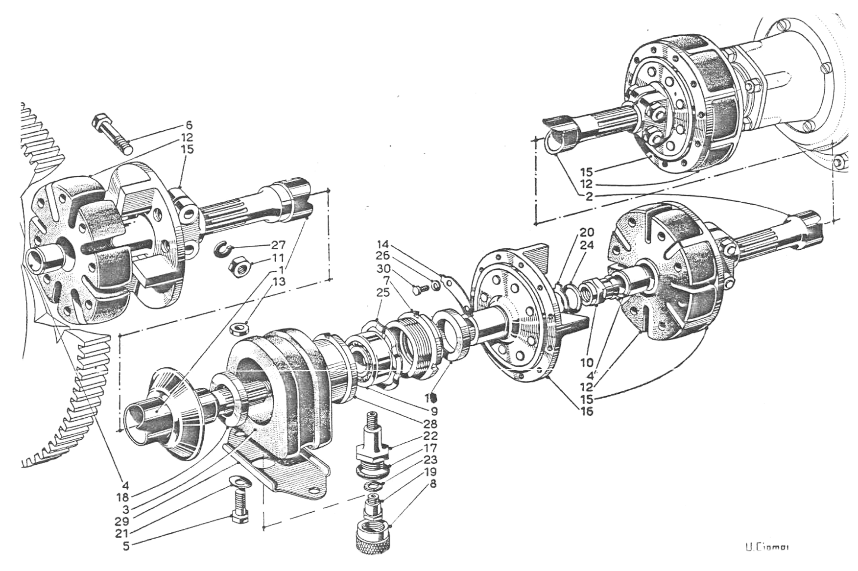 A black and white photo of a ford engine