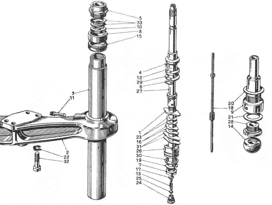 A black and white drawing of a bicycle fork with parts labeled.